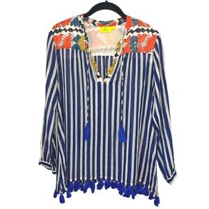 Roller Rabbit Cotton Boho Tunic Top Striped Colorful Yoke Tassels Lightweight XS